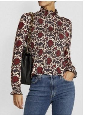 Sandro Red Louisiane Smocked Floral Stretch Blouse Top